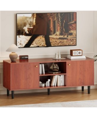 Fluted TV Stand for TVs up to 65in, Mid Century Modern Wooden Entertainment Center, Adjustable Shelf and 2 Storage Doors