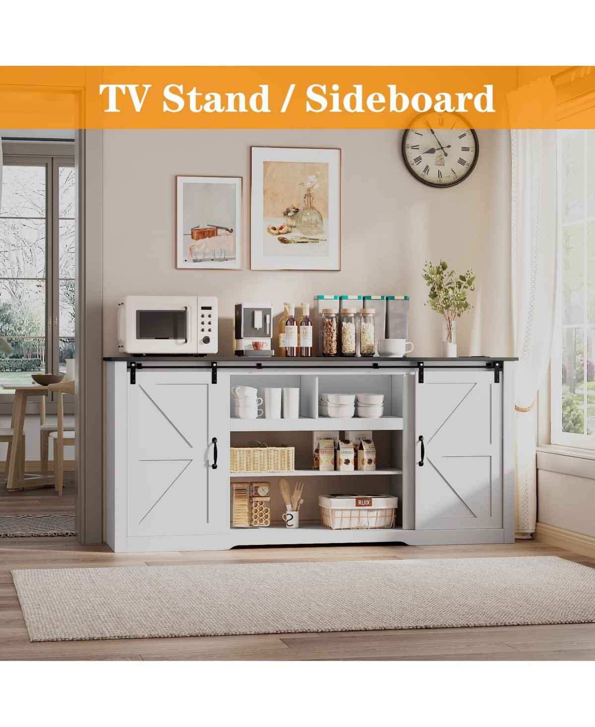 homfan Farmhouse Tv Stand for 80 Inch Tv, 70-Inch Entertainment Center with Sliding Barn Doors, Adjustable Storage Shelves