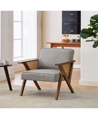 Mid-Century Modern Accent Chair, Linen Upholstered Armchair with Rubberwood Frame and Soft Cushion, Lounge Chair for Living Room, Bedroom