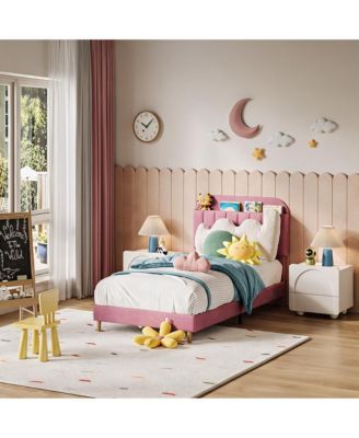 Twin Bed Frame with Storage Headboard, Velvet Upholstered Platform Bed, Wooden Slats, Noise Free, Easy Assembly, No Box Spring Needed