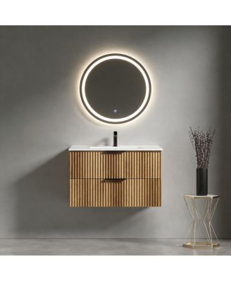 Wall Mounted Bathroom Vanity with 3D Fluted Drawer, Integrated Ceramic Sink, Modern Floating Cabinet for Small Spaces