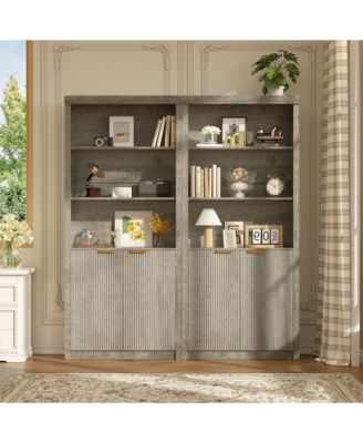 2 Sets Tall Wooden Bookcase Cabinet with Doors, 5 Adjustable Shelves, Freestanding Modern Storage for Home Office or Living Room