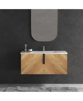 Modern Wall Mounted Bathroom Vanity, 3D Fluted Double Door Cabinet, Integrated Ceramic Sink, Sleek Minimalist Design