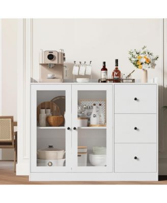 43 Inch Modern Wood Sideboard Organizer, Buffet Cabinet with Glass Doors, 3 Drawers, Adjustable Shelves and Guardrail for Home Use