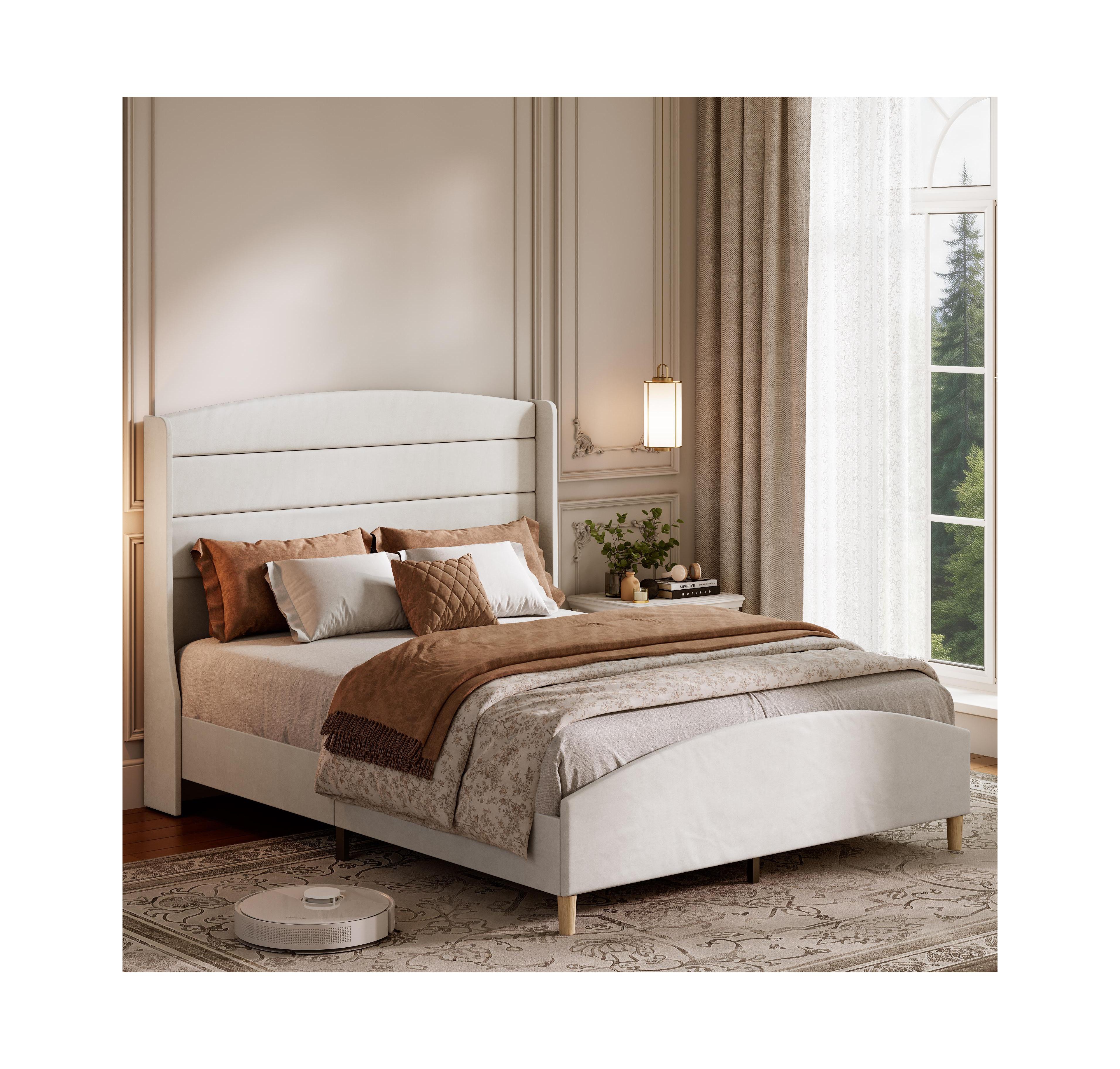 homfan Upholstered Platform Bed Frame, Queen Size Linen Wingback Bed Frame with 51.6 Inch Tall Headboard for Bedroom