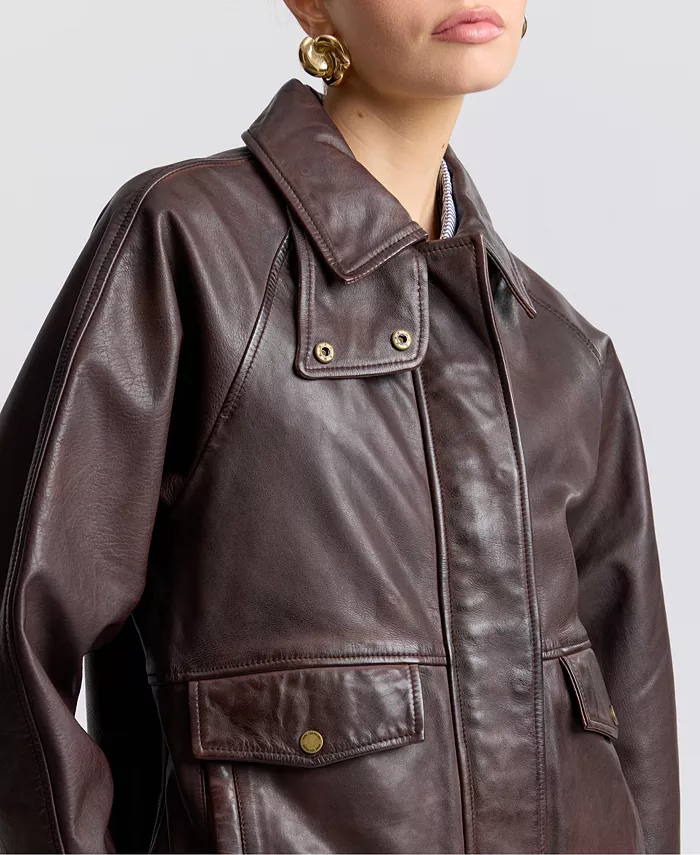 Women's Leather Bomber Coat - thumbnail 9
