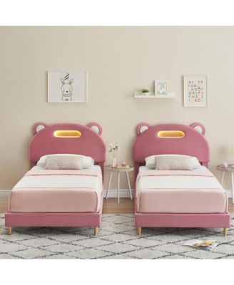 2 Pack Twin Bed Frame with LED Lights, Upholstered Platform Bed with Headboard and Wooden Slats Support, Noise Free, No Box Spring Needed