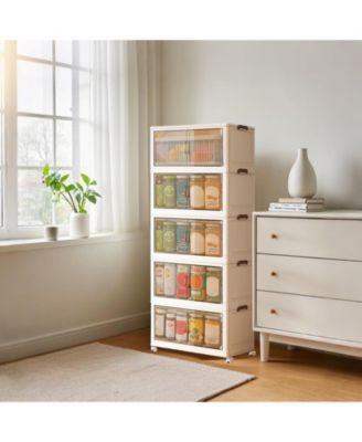 Stackable Storage Box, Plastic Organizer Bin with Wheels and Magnetic Doors for Bedroom, Living Room, Office