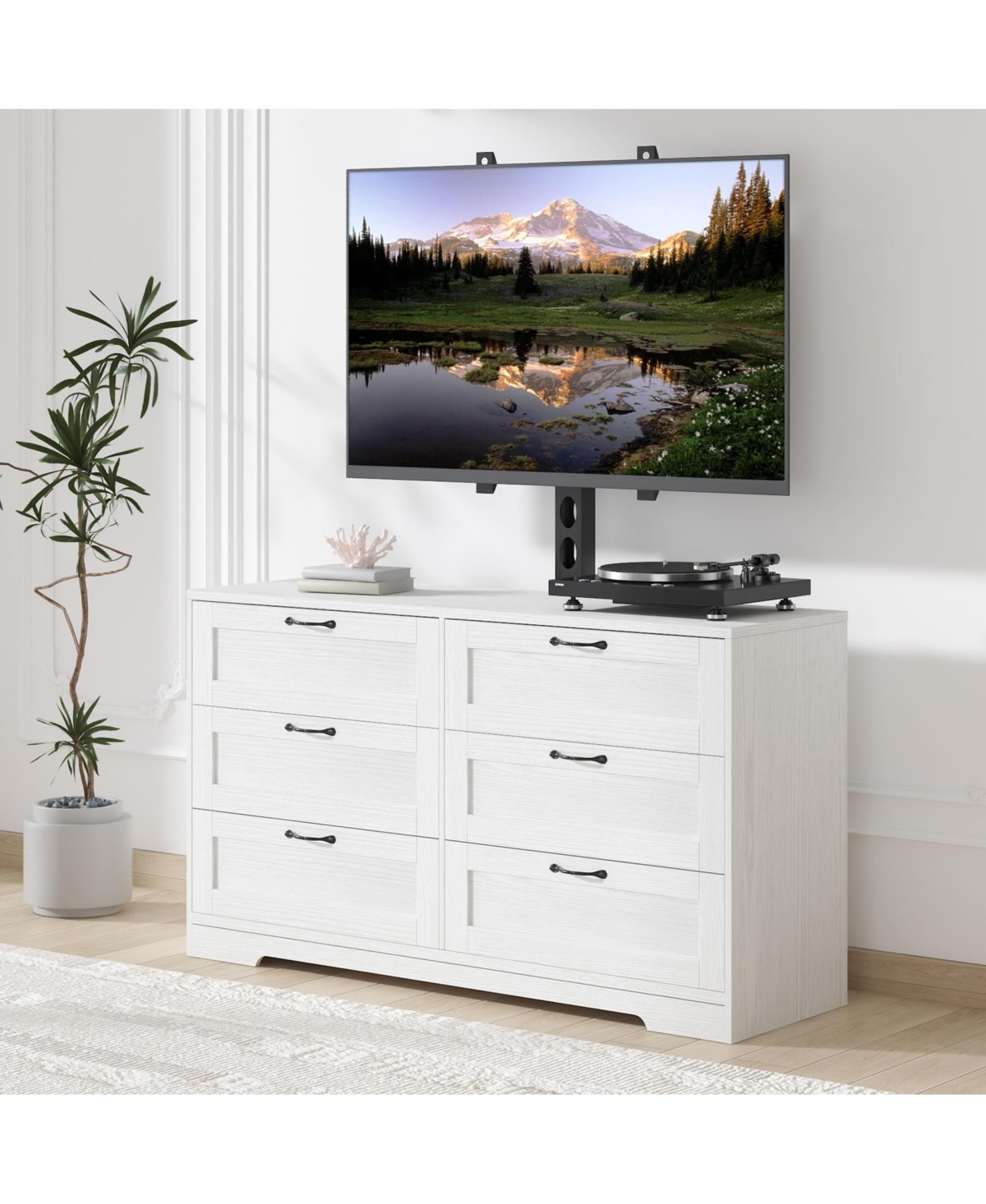 homfan Modern Tv Stand with Height Adjustable Mount, 6 Drawer Storage Dresser, Fits 32-80 Inch TVs, Entertainment Console Table for Bedroom