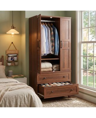 Armoire with 2 Drawers,72" Wooden Cabinet with Hanging Rod, Tall Clothing Unit with Doors and 18 Adjustable Shelves for Bedroom