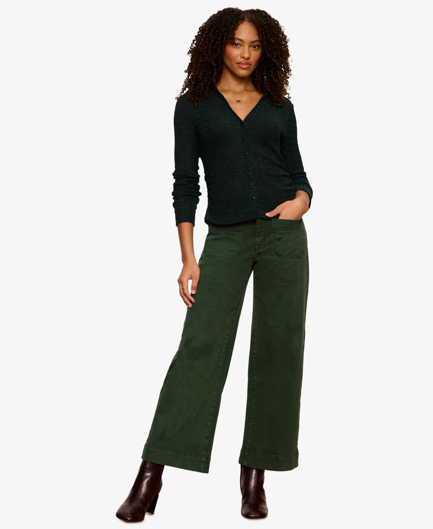 Petite Juno Textured Long-Sleeve Spread Collar Shirt
