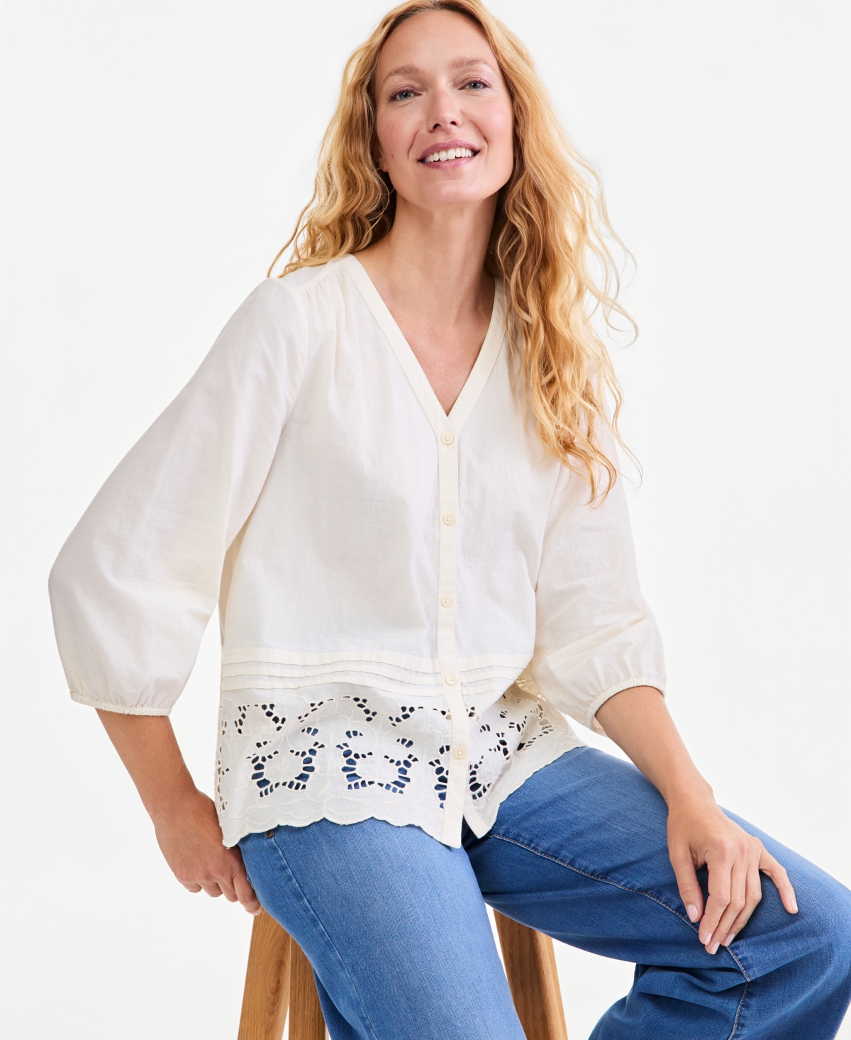 Style & Co Petite Cotton V-Neck Blouse, Macy's Exclusive
