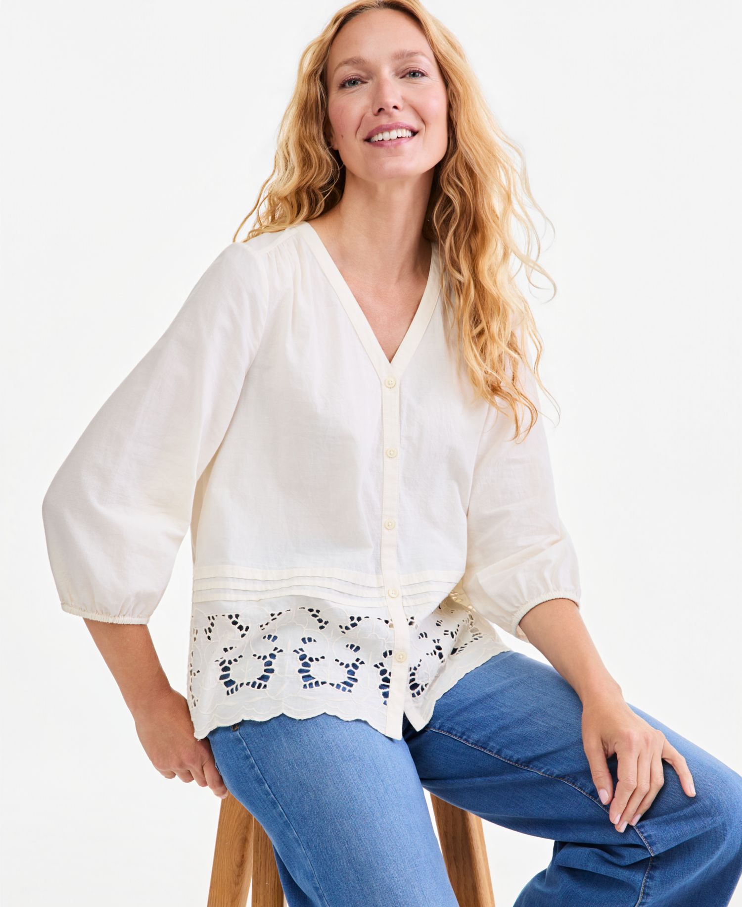 Petite Eyelet Scalloped-Hem Blouse