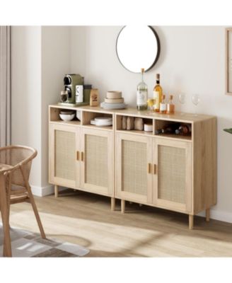 2-Pack Boho Rattan Coffee Table and Buffet Cabinet Set, 2-Door with Open Shelf, Adjustable Multi-Purpose Console for Home Spaces