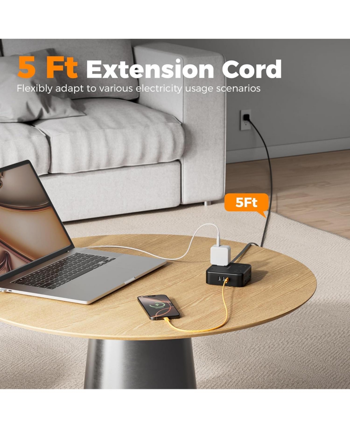 Tessan Surge Protector Power Strip , 5 Feet Flat Plug Extension Cord with 3 Usb (1 Usb C) 8 Outlets, 900J Surge Protection, 3 Sided Outlet Extender