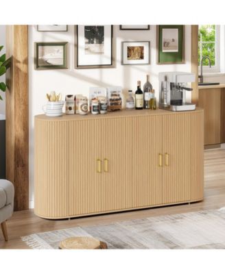 Modern Large Storage Sideboard Buffet Cabinet, Curved Wooden Design, 4 Fold Doors, Console for Dining Room, Kitchen, Living Room