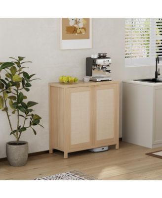 Modern Rattan Storage Cabinet, 2 Doors, Adjustable Shelves, Hidden Gold Handles, Freestanding Entryway Sideboard for Kitchen, Dining Room