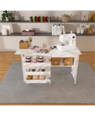 Folding Sewing Table for DIY 4-in-1 Craft Station with Lockable Wheels, End Table and Computer Desk, Kitchen Storage Shelves