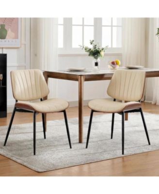 Dining Chairs Set of 2,Mid-Century Modern Upholstered Retro PU Leather Kitchen Chairs with Walnut Bentwood Back and Metal Legs Adjustable