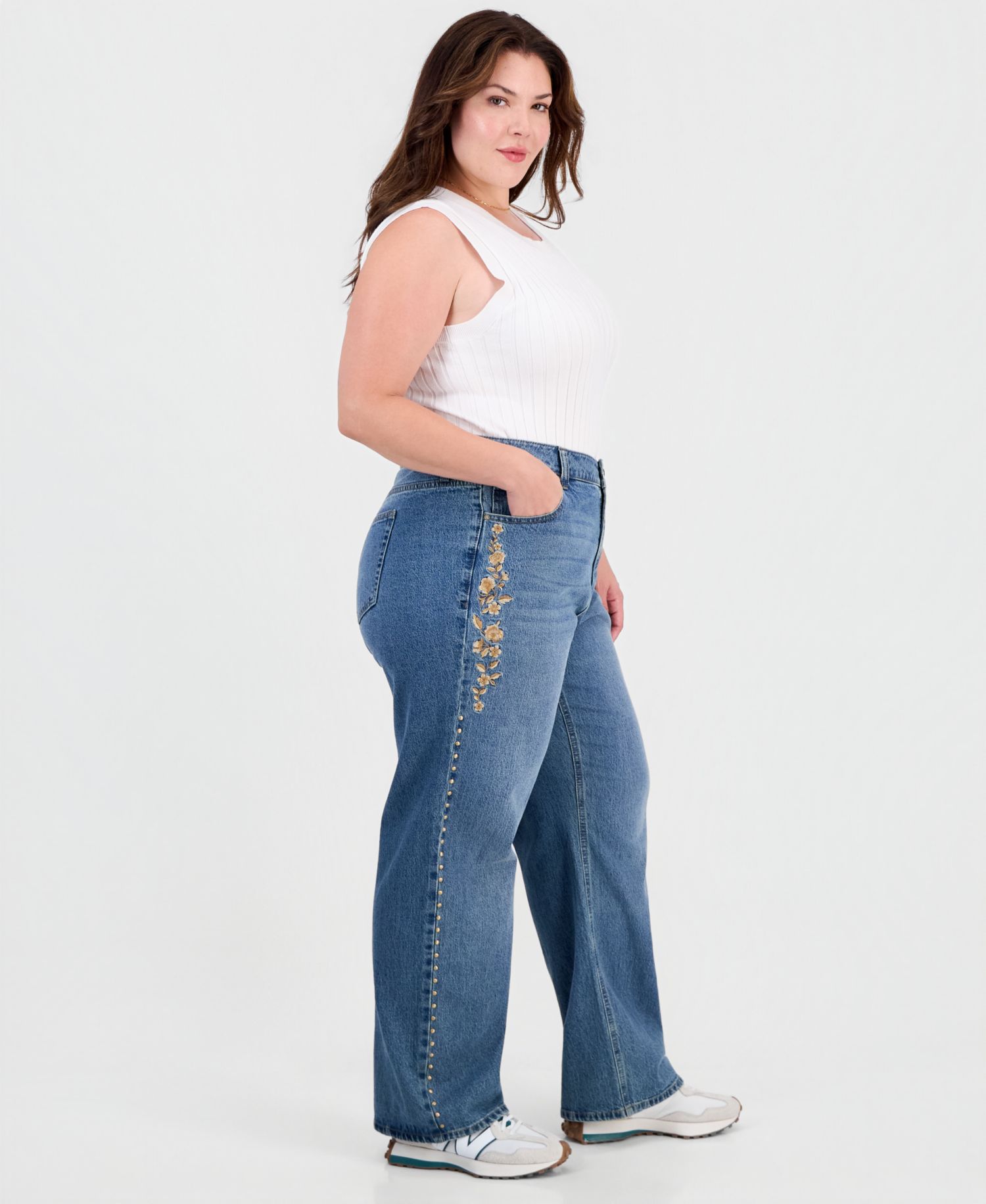 Trendy Plus Size Embroidered Studded Jeans