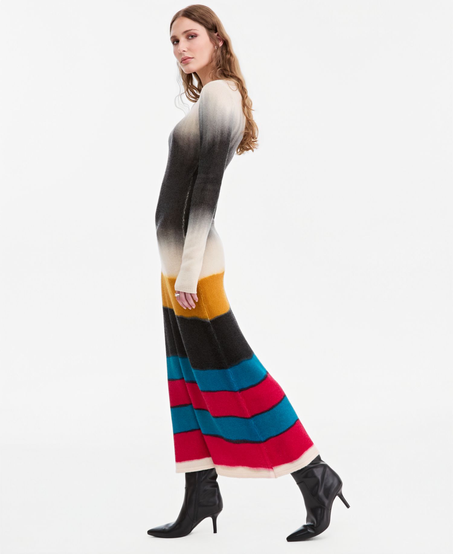 Women's Long-Sleeve Striped Wool-Blend Midi Sweater Dress