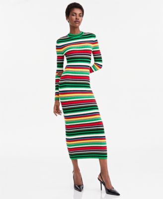 Women's Long-Sleeve Ribbed Striped Sweater Dress
