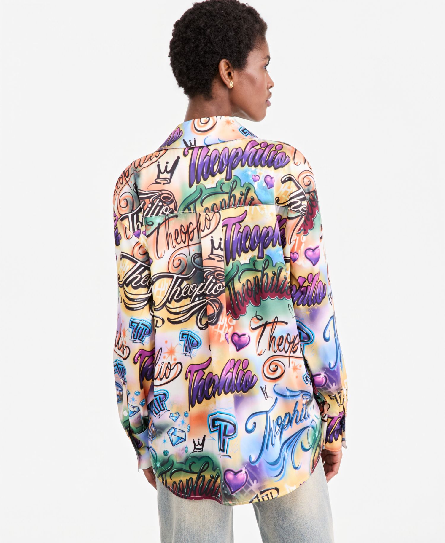 Women's Oversized Graffiti Print Button-Up Shirt