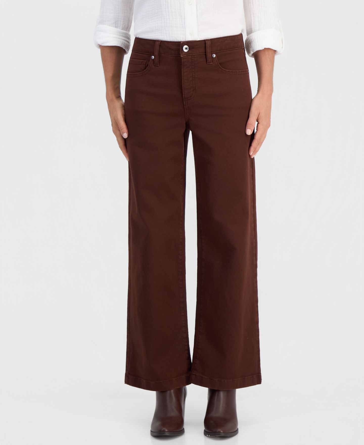 Женские брюки Style & Co Petite High-Waist Wide-Leg Cotton-Blend, цвет: Коричневый — фото 2
