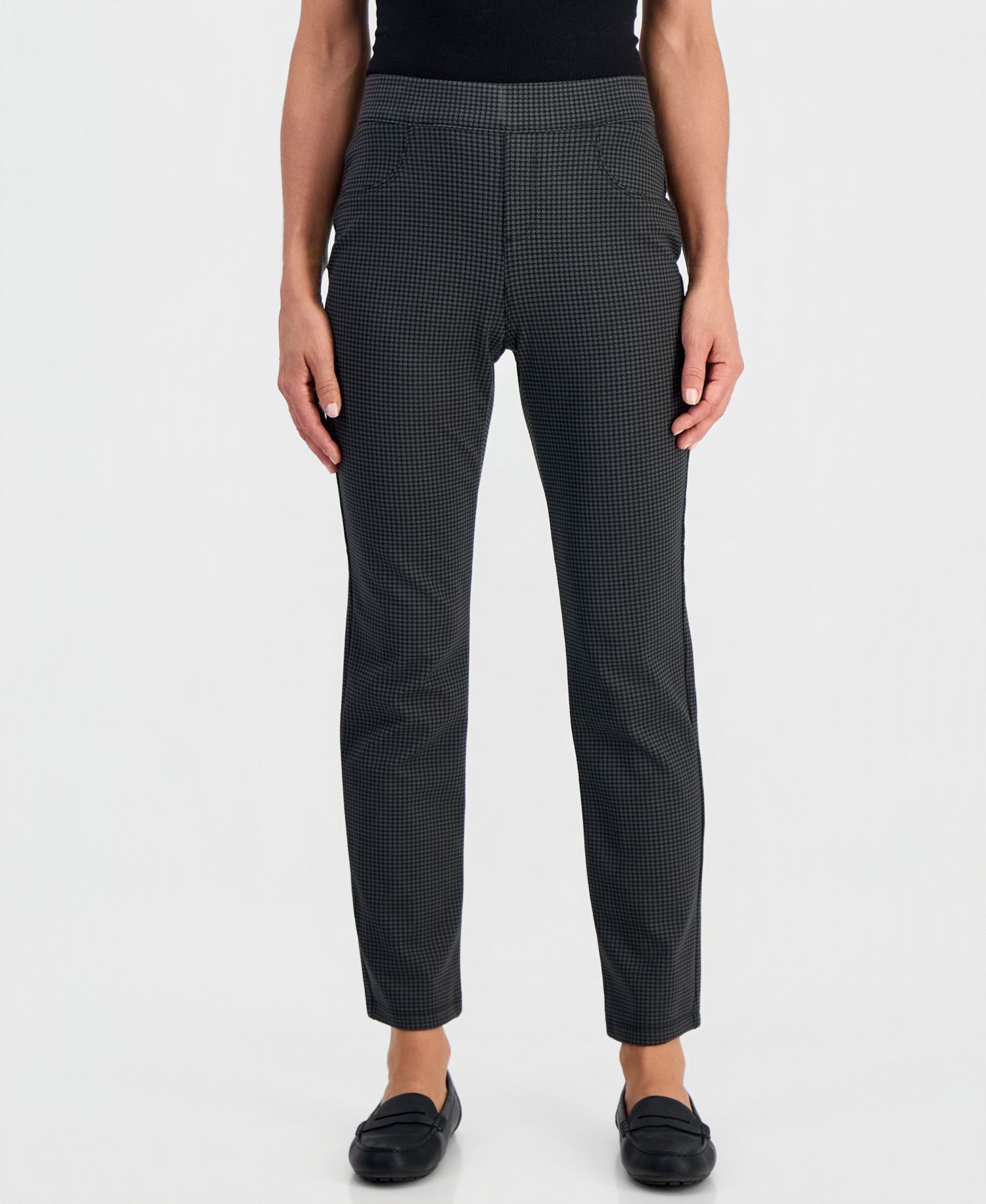 Petite Houndstooth-Print High-Rise Pull-On Pants