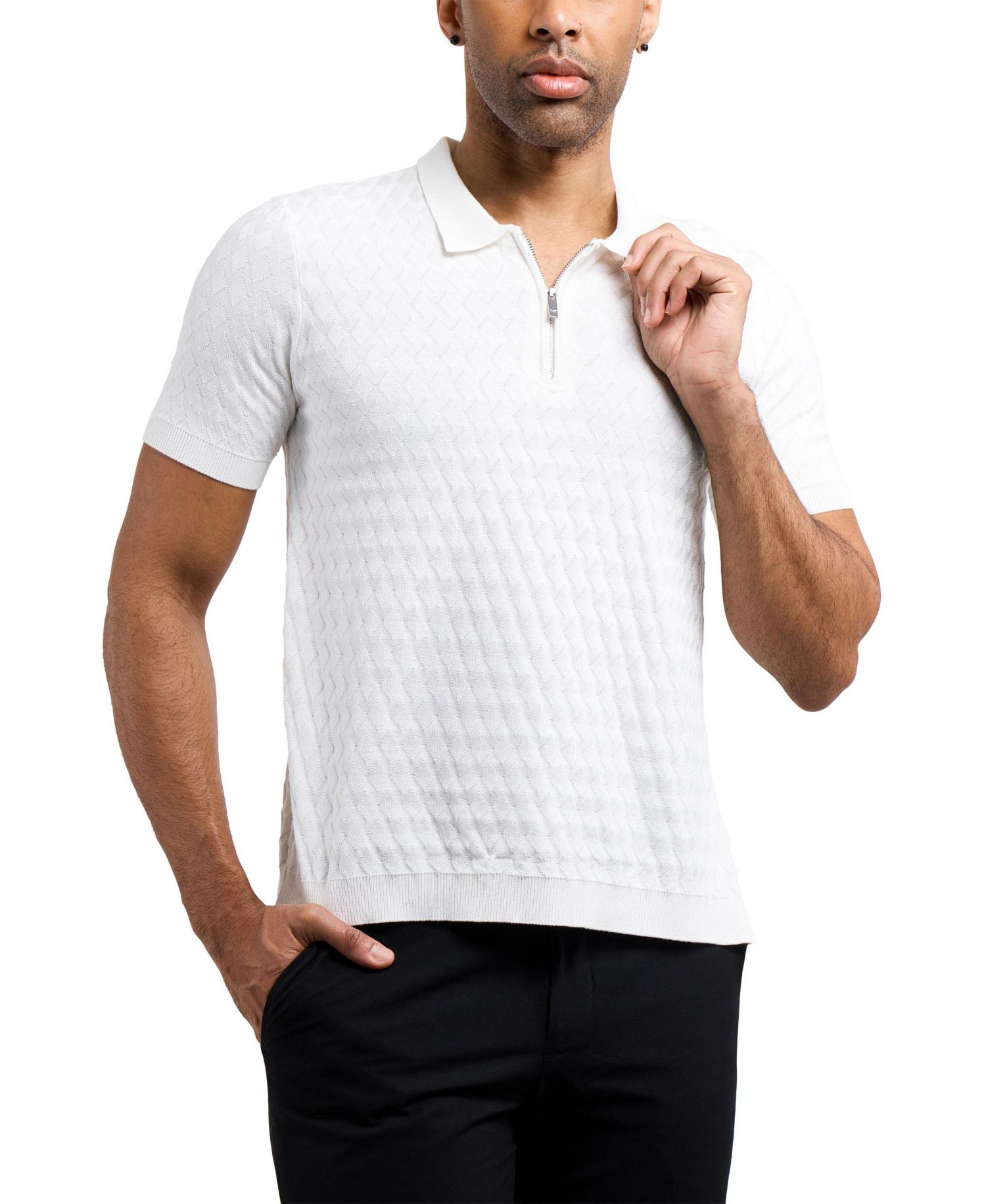 Men's Quarter Zip Allover Argyle Knit Sweater Polo