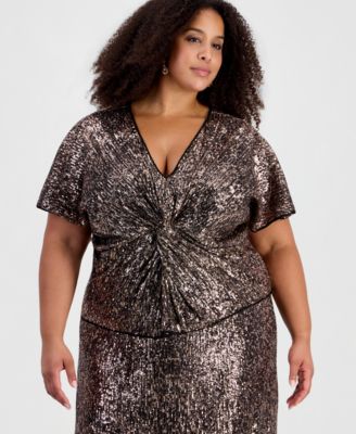 Plus Size Sequined V-Neck Dolman-Sleeve Top