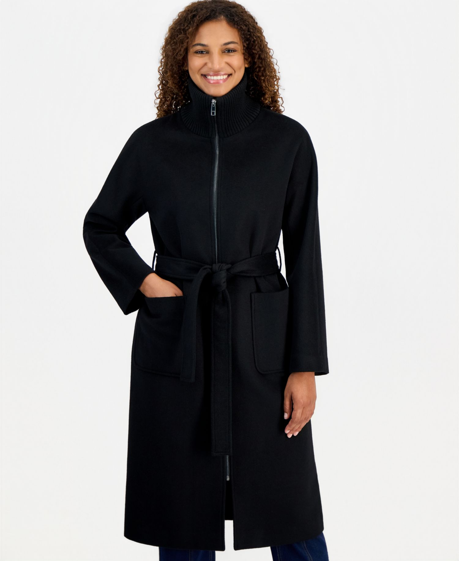 Women's Belted Knit-Collar Textured Coat