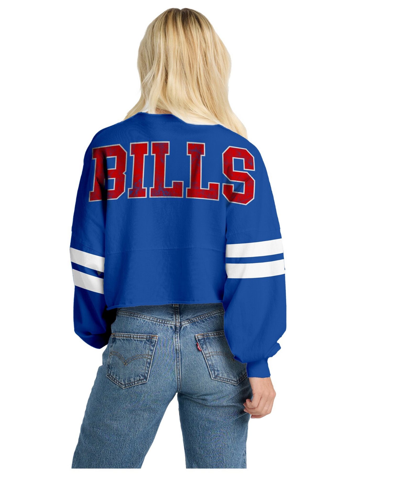 Women's Royal Buffalo Bills Oversized Cropped Stripe Long Sleeve T-Shirt