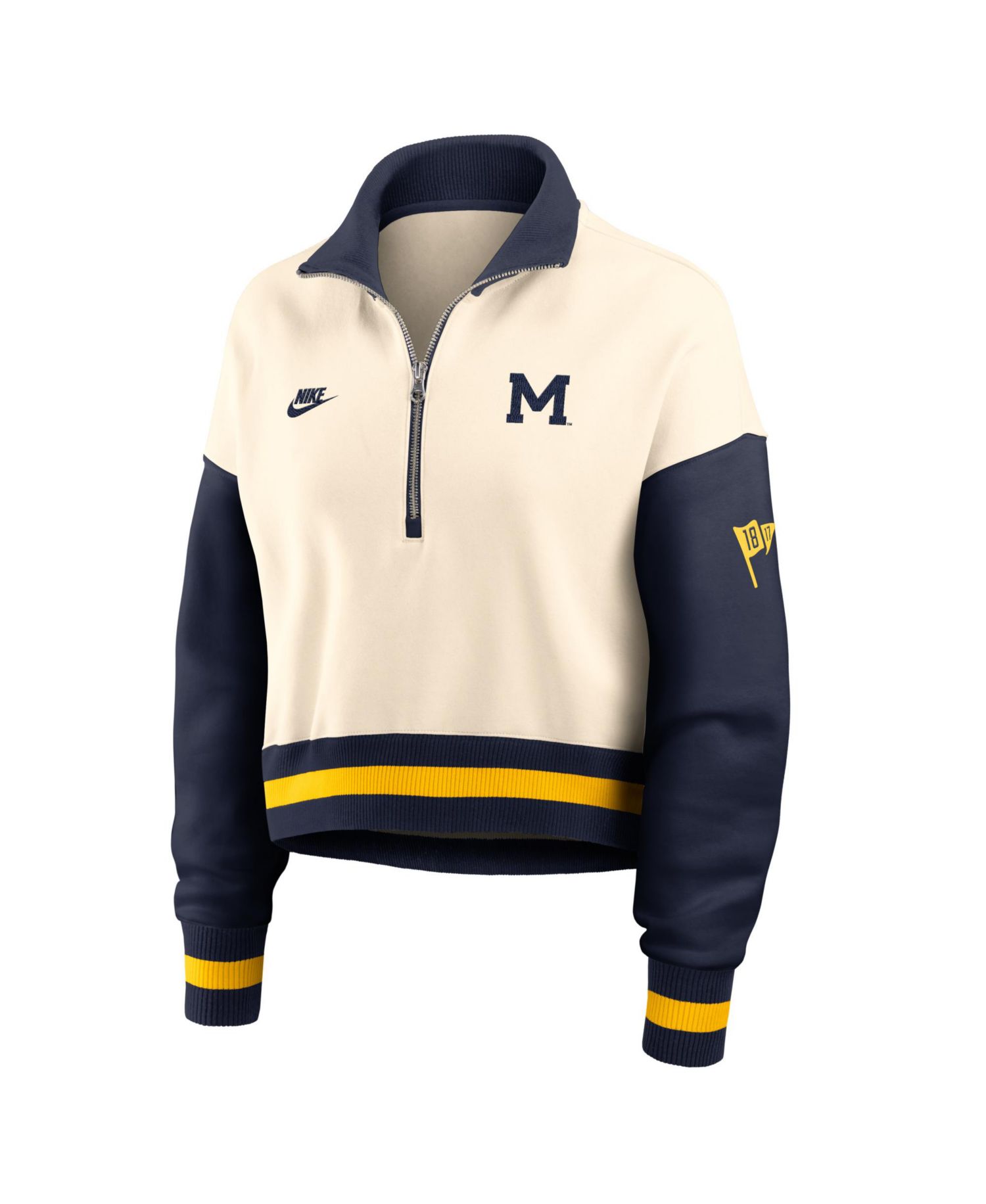 Women's Natural/Navy Michigan Wolverines Oversized Legacy Color Block Cropped Quarter-Zip Pullover Sweatshirt
