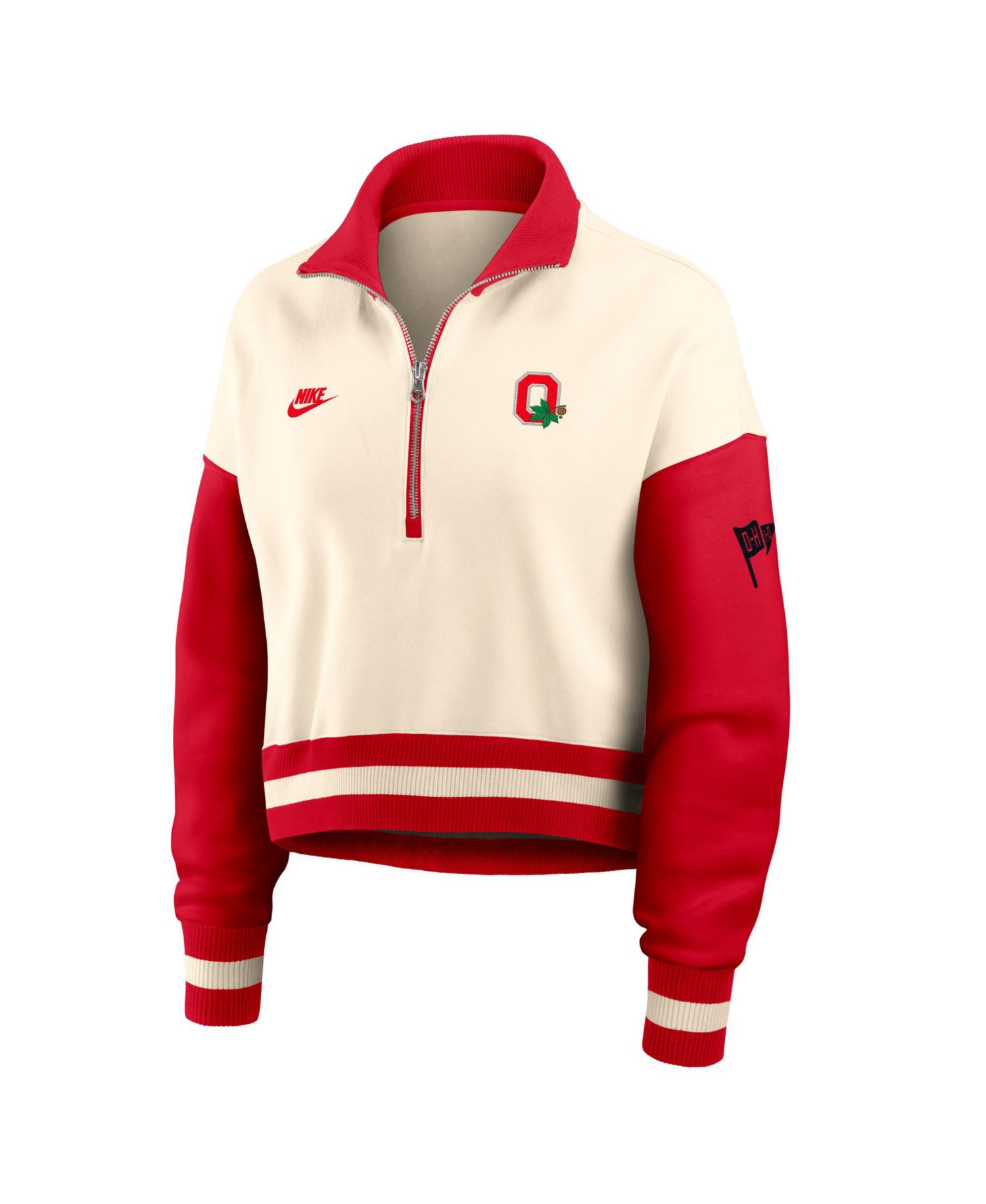 Women's Natural/Scarlet Ohio State Buckeyes Oversized Legacy Color Block Cropped Quarter-Zip Pullover Sweatshirt