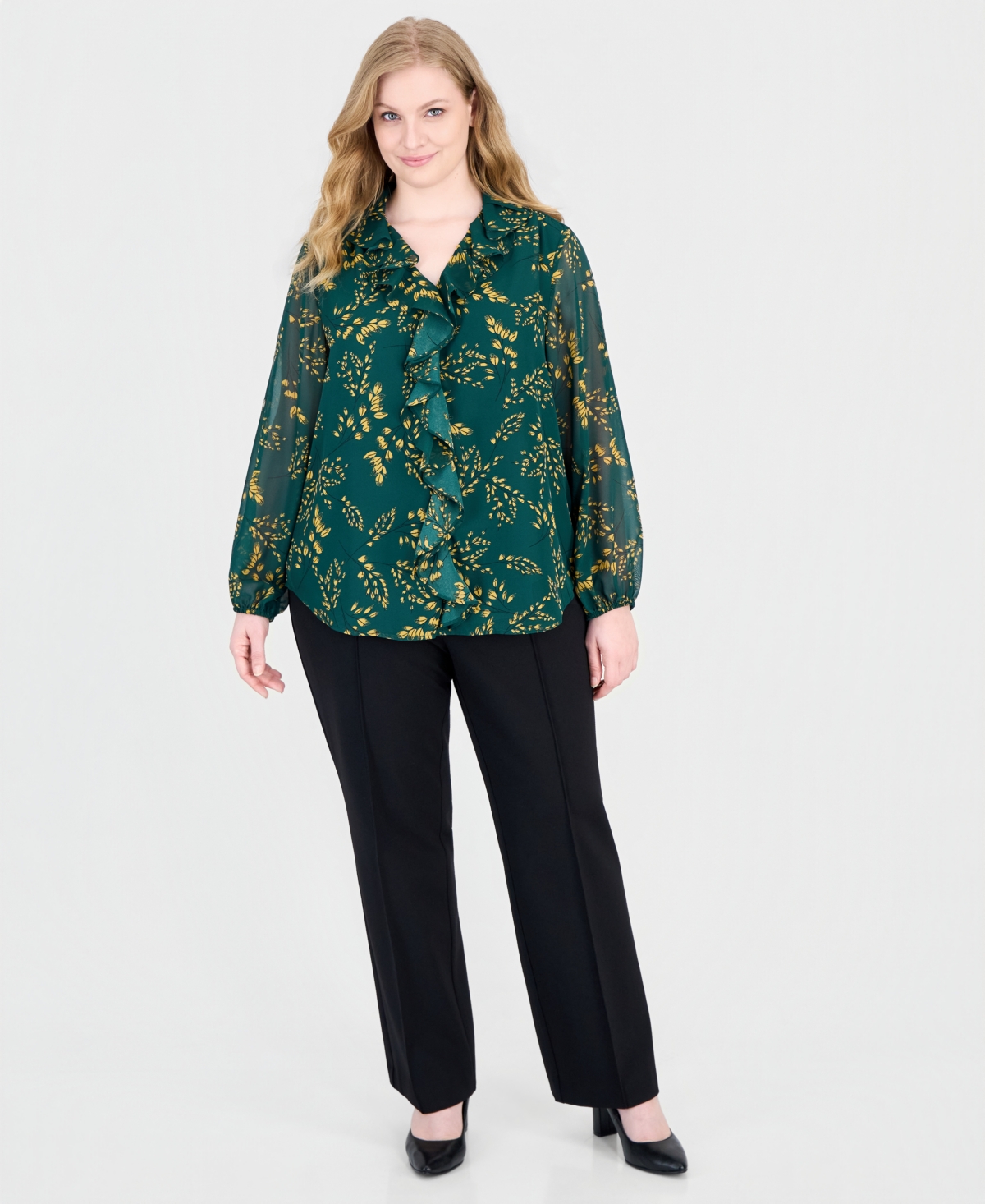 Kasper Plus Long-Sleeve Ruffle-Front V-Neck Blouse