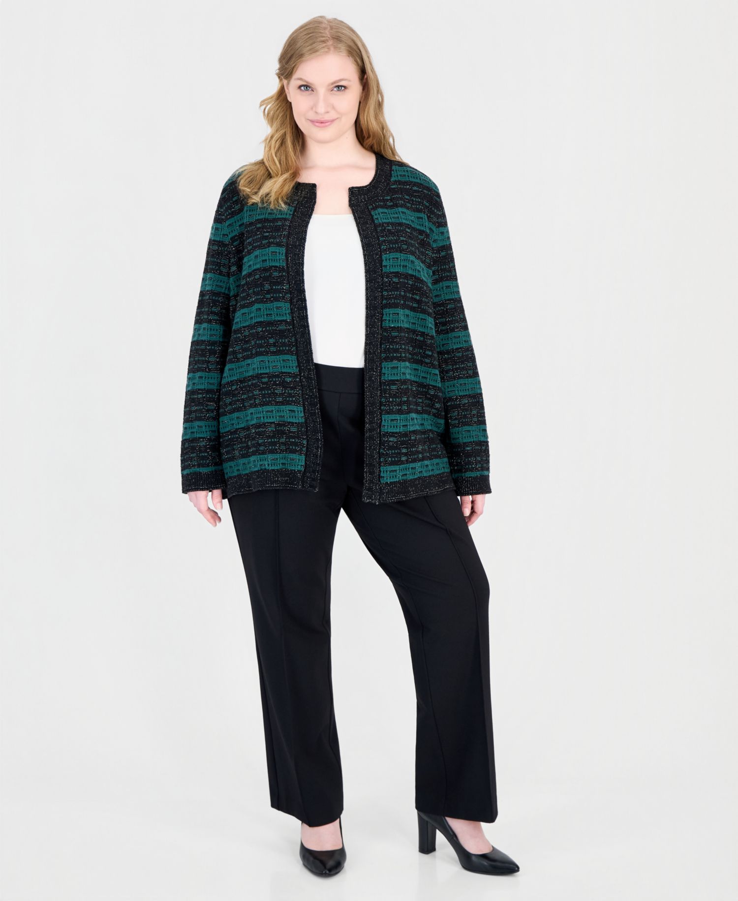 Plus Size Open-Front Textured-Stitch Cotton-Blend Cardigan