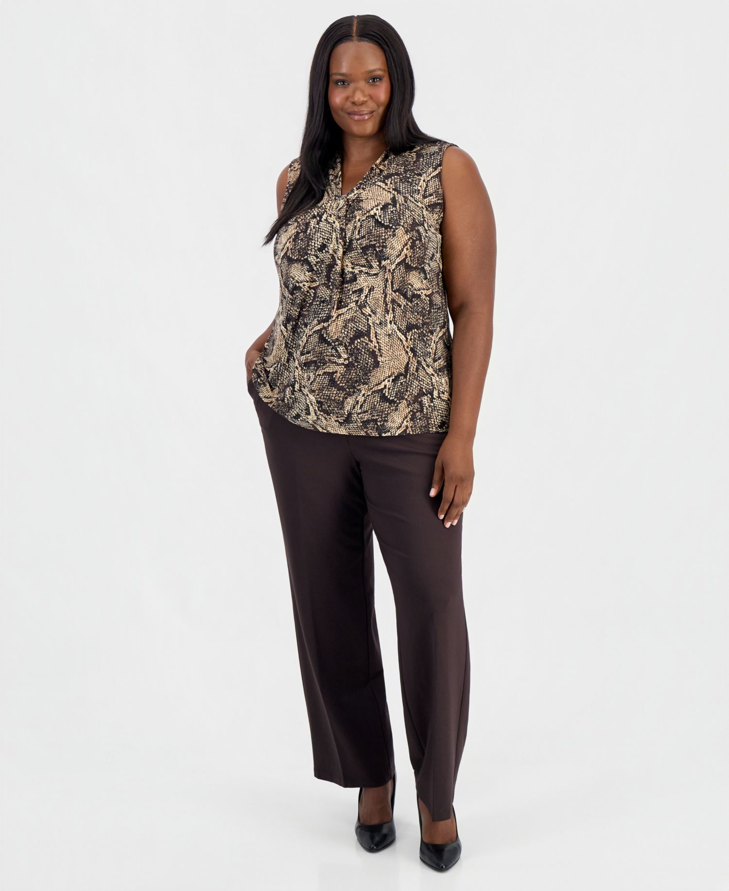 Plus Size Knot-Front Snake-Print Sleeveless Blouse