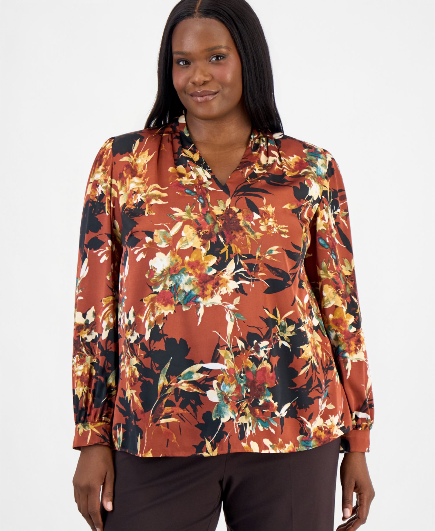 Plus Size V-Neck Pleated Shoulder Long-Sleeve Blouse
