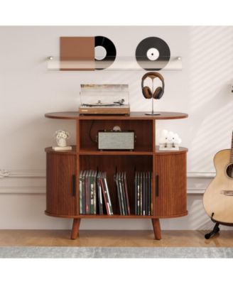 Mid-Century Fluted Turntable Cabinet, 35 Inch Arched Record Player Stand with Charging Station and Display Shelf