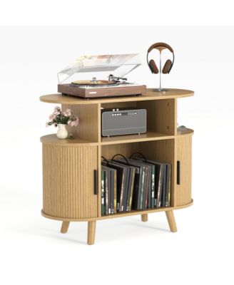 Mid-Century Fluted Turntable Cabinet, 35 Inch Arched Record Player Stand with Charging Station and Display Shelf