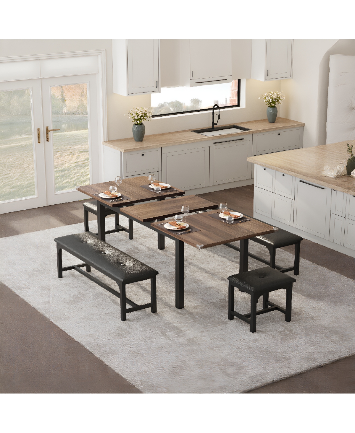 homfan Extendable Rectangular Dining Table, Water Resistant Engineered Wood Table with Metal Legs, Easy Assembly Stylish Home Dining Furniture