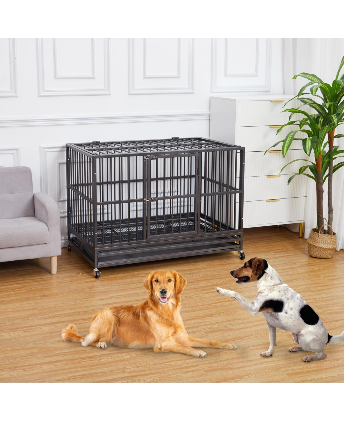 homfan Large Dog Crate and Outdoor Kennel, 47 Inch Galvanized Steel Cage with Lockable Double Doors and Wheels for Large Dogs