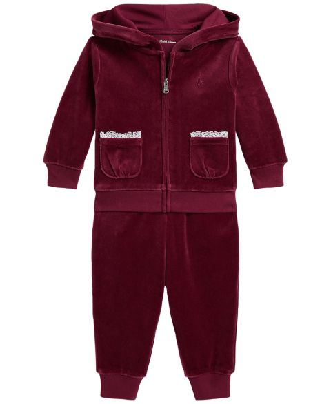 Детский комплект Polo Ralph Lauren для девочки: велюровое худи с кружевом и джоггеры, цвет: Баклажановый