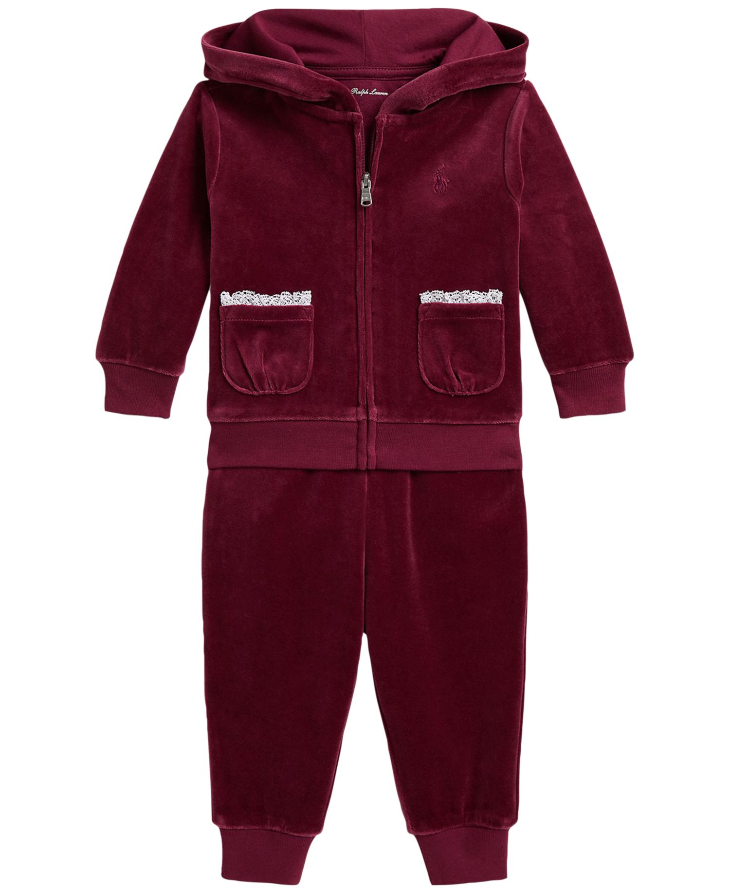 Baby Girls' Lace Trim Velour Long-Sleeve Hoodie and Jogger Pants, 2-Piece Set
