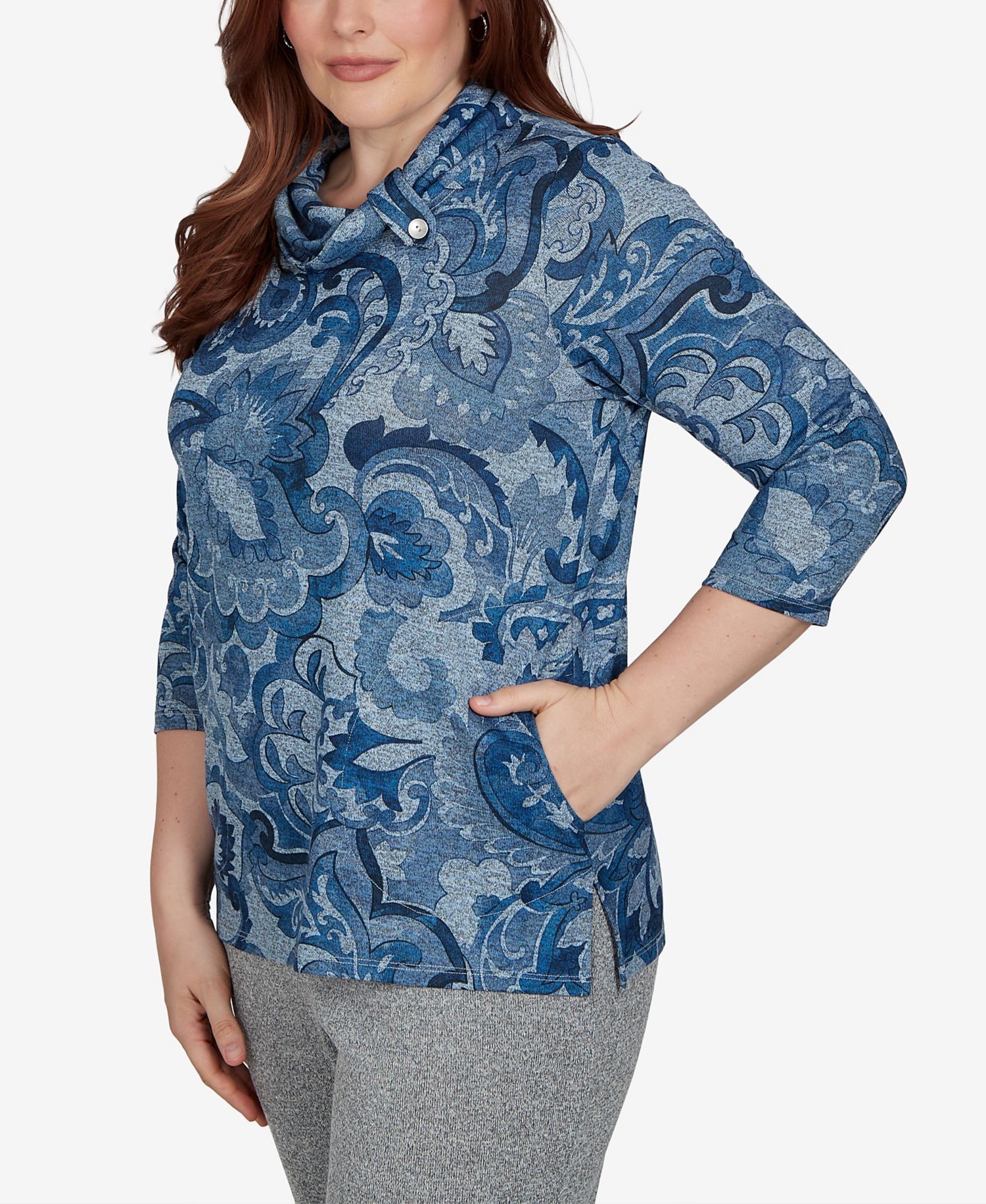 Petite Paisley Scroll Cowl Neck Pocket Top
