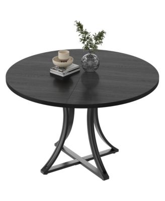 Space-Saving Modern Industrial Round Dining Table for 4-6 Oak-Look Wood Top Sturdy Metal X-Base Rustic Style