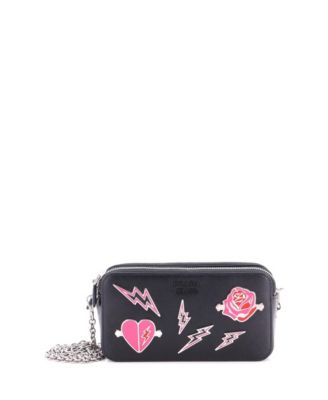 Monochrome Double Zip Wallet on Chain Crossbody Pin Embellished Saffiano Leather