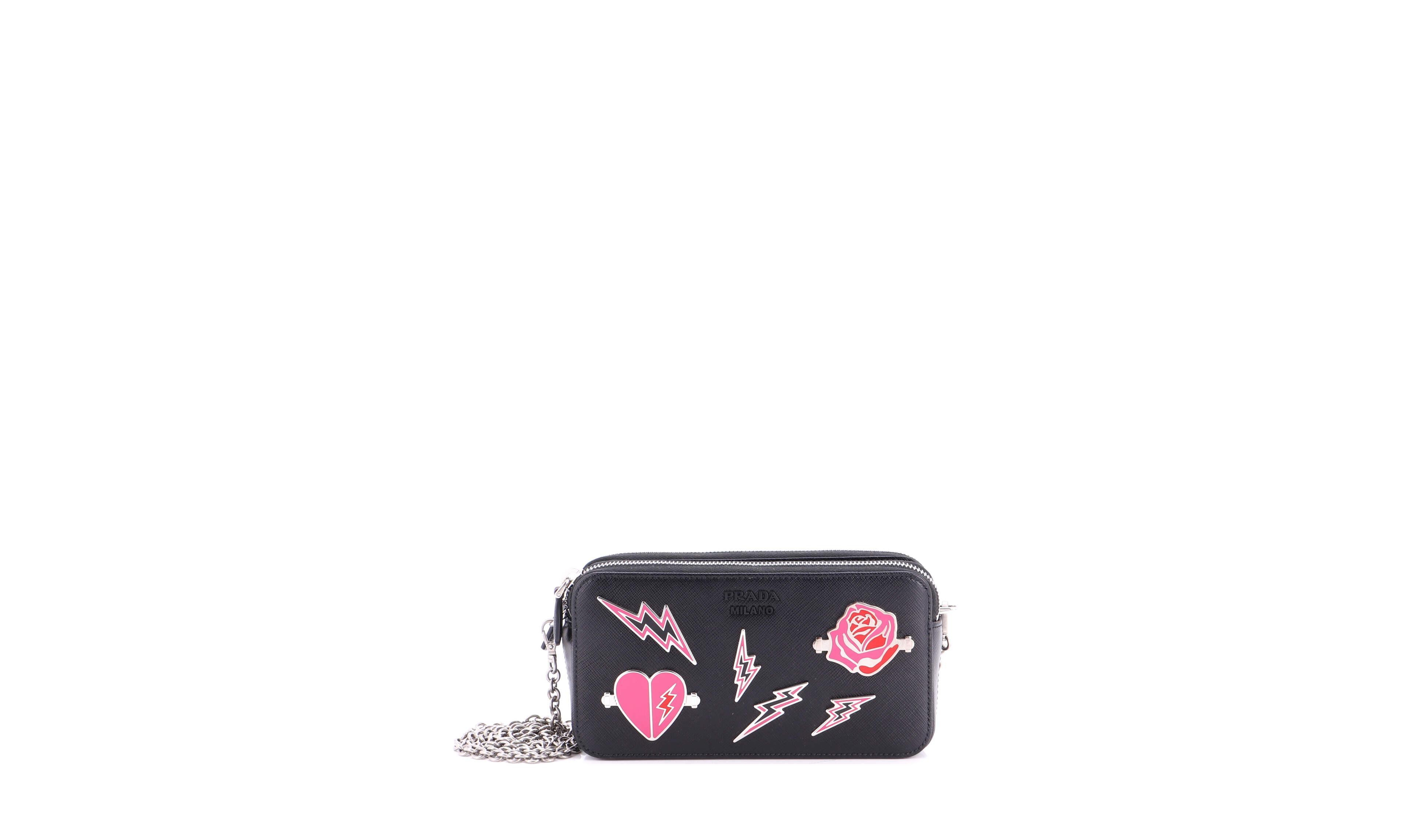 Pre-Owned Prada Monochrome Double Zip Wallet on Chain Crossbody Pin Embellished Saffiano Leather