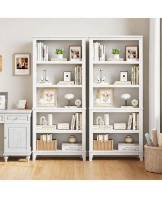 Set of 2 71" Tall Narrow Bookshelf 5 Tier Bookcase with Adjustable Shelves and Wooden Legs for Apartment Office Living Room